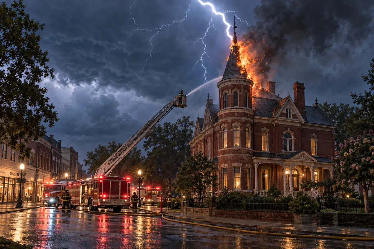 AI-generated illustration of lightning striking the turret of a Victorian-style mansion while firefighters respond.