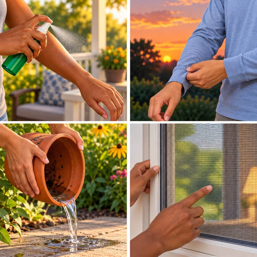 AI-generated illustration showing insect repellent, long sleeves, removing standing water and checking window screens.