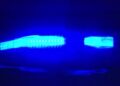 Blue police lights illuminated at night