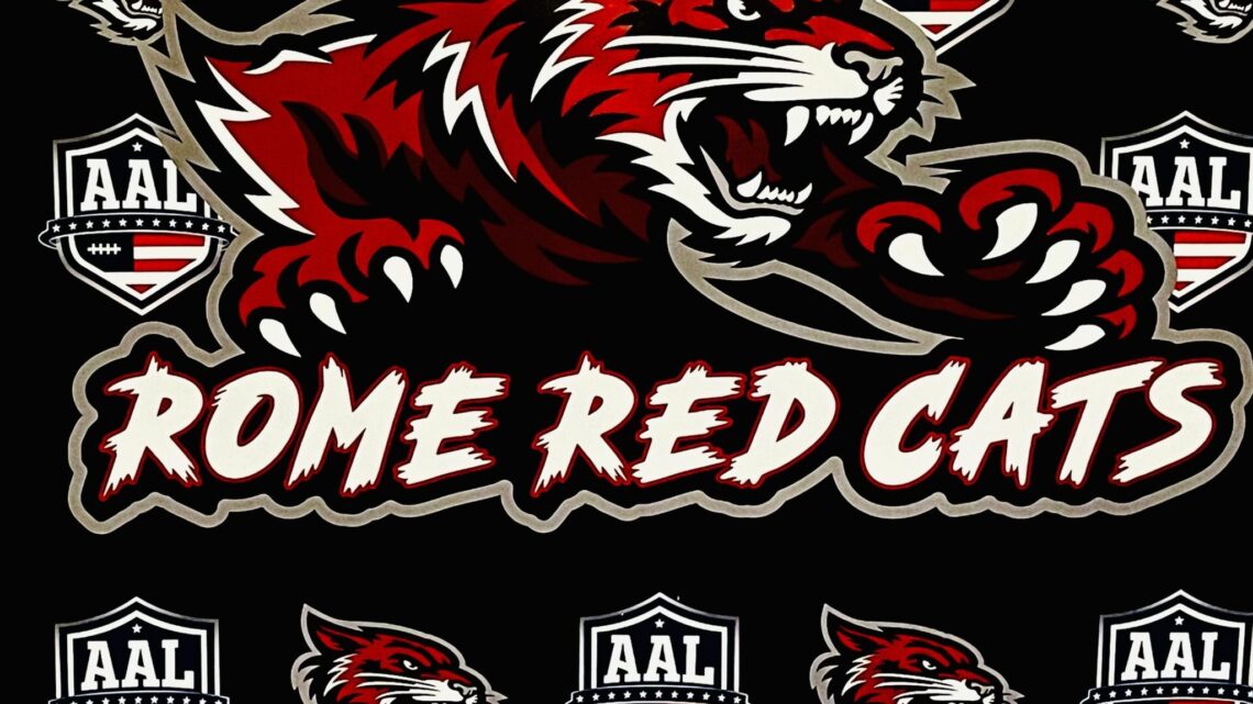 Official red, black and white Rome Red Cats arena football logo.