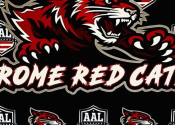 Official red, black and white Rome Red Cats arena football logo.