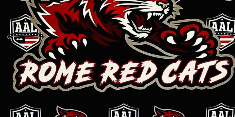 Official red, black and white Rome Red Cats arena football logo.