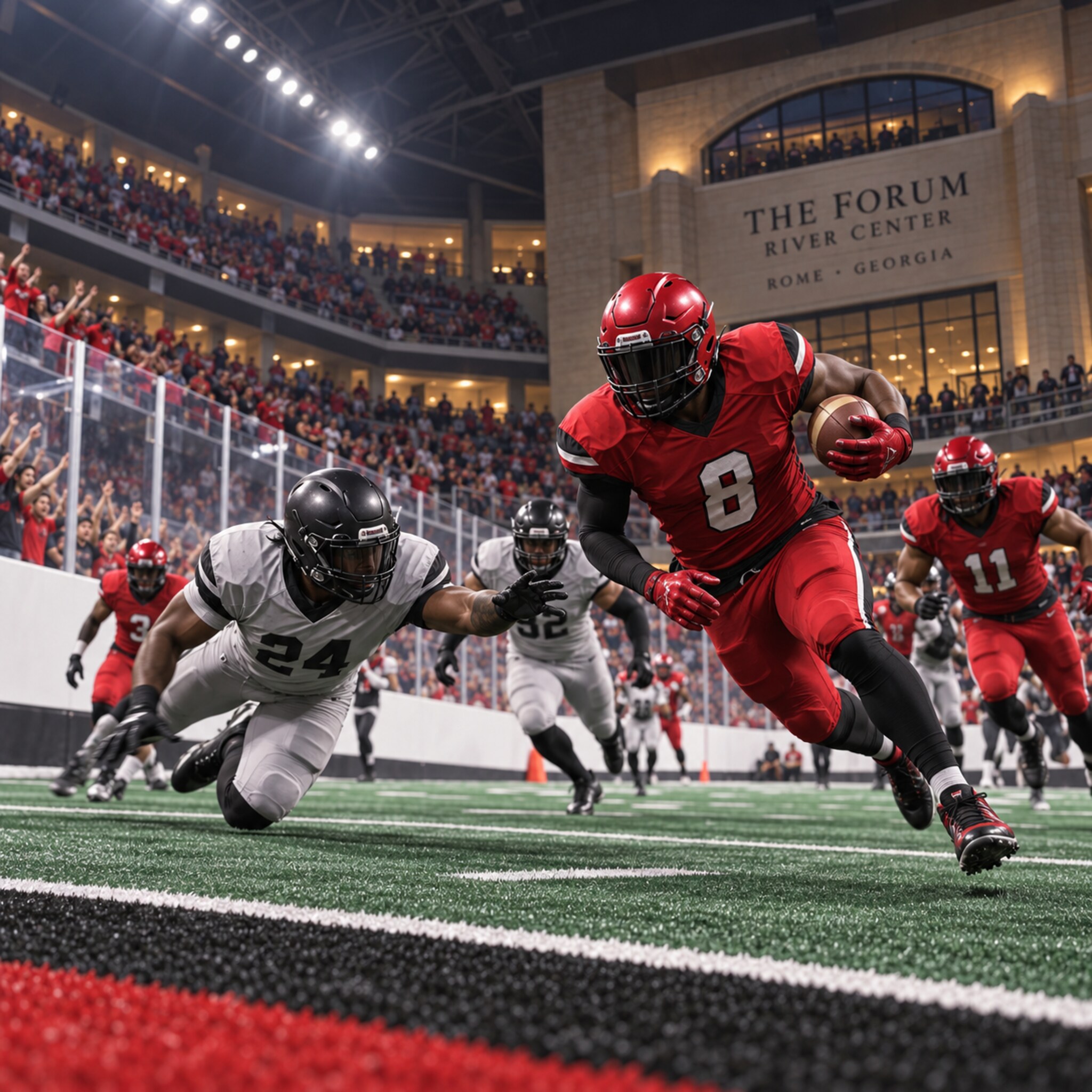 AI-generated illustration of a non-identifying arena football game at the Forum River Center in Rome, Georgia.