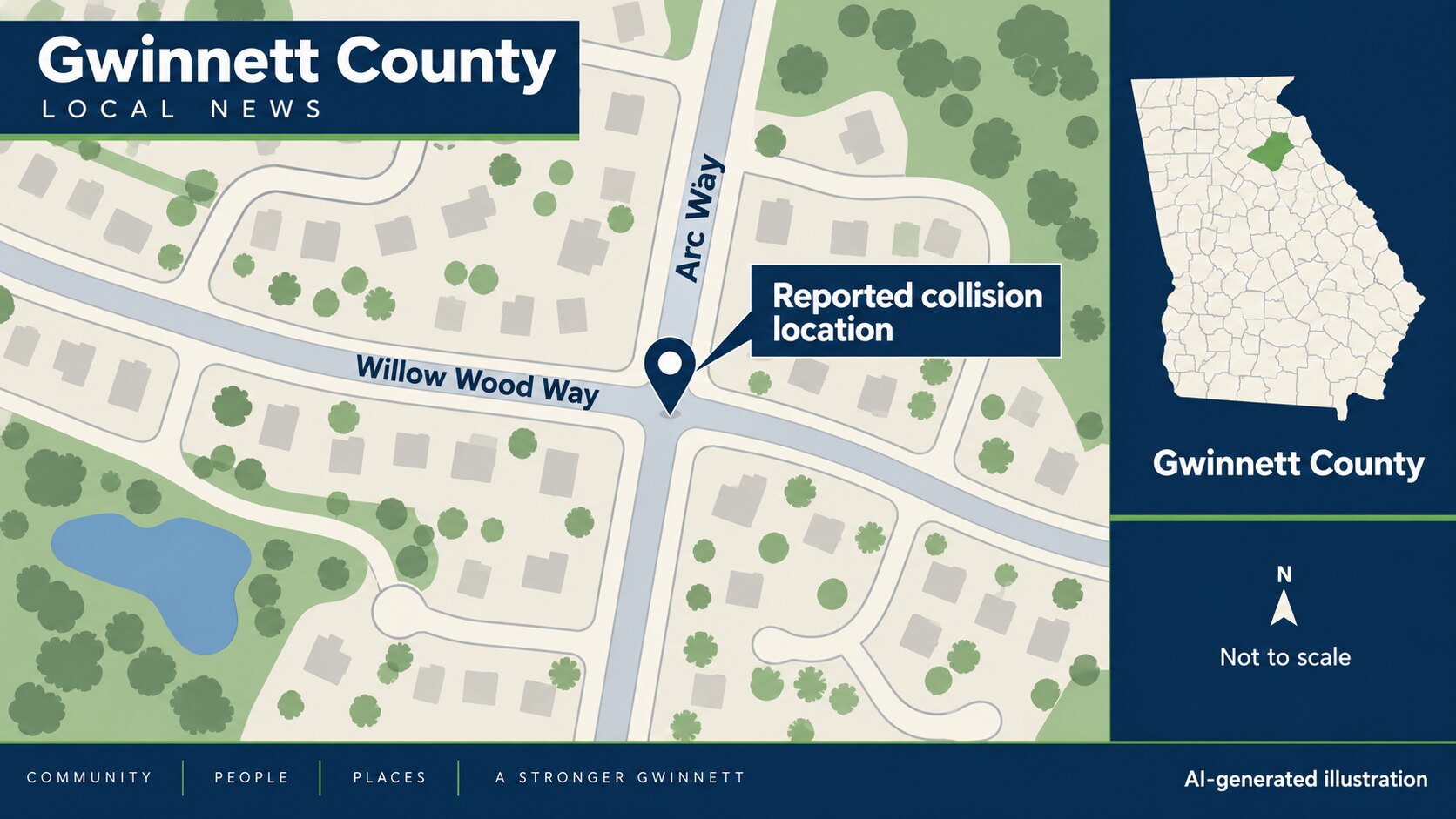AI-generated illustration locating Arc Way and Willow Wood Way in Gwinnett County; map is not to scale.