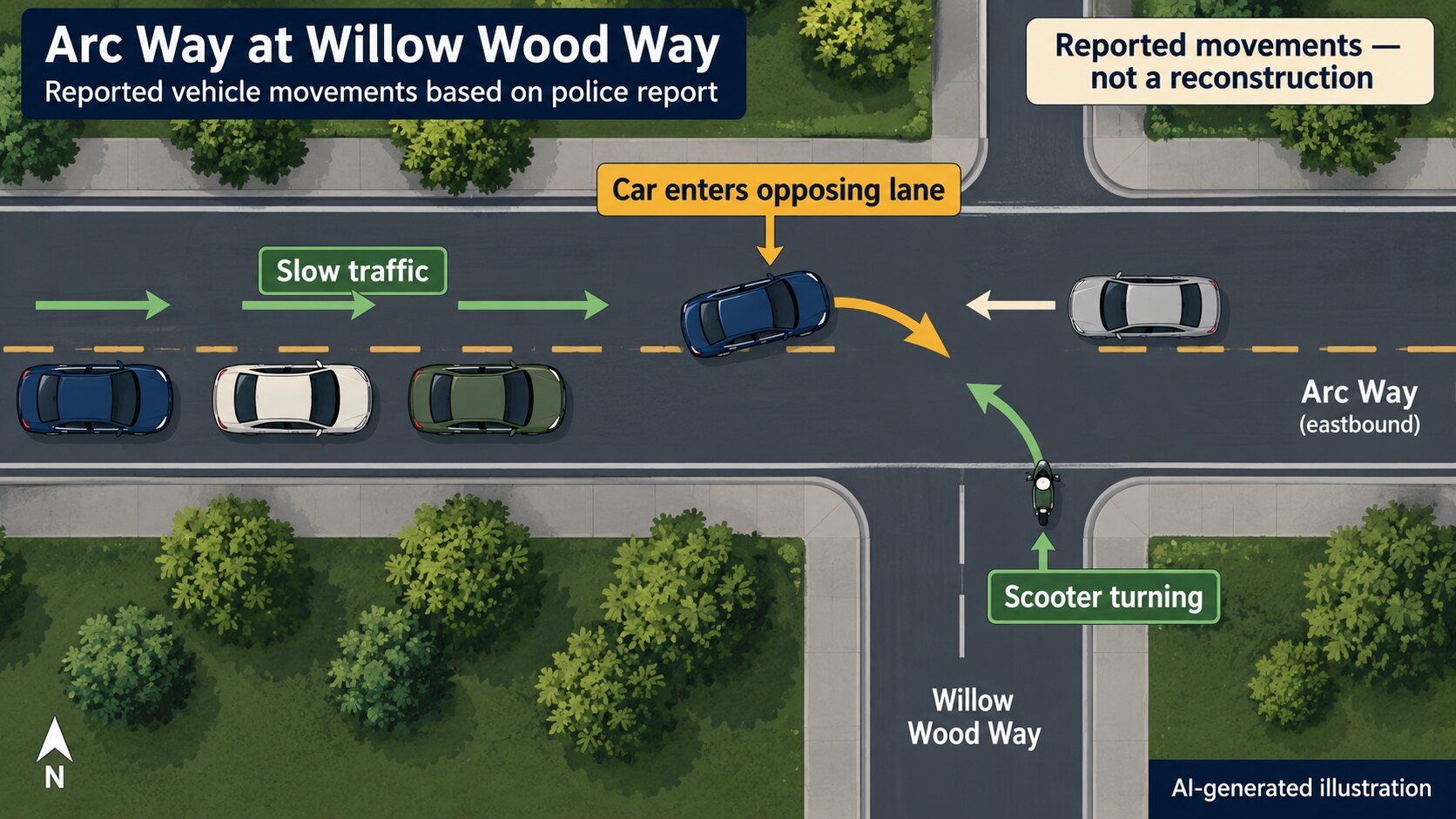 AI-generated illustration showing the vehicle and scooter movements described in the police crash report; not a reconstruction.
