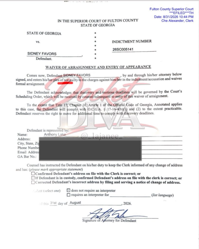 Fulton County Superior Court filing showing Sidney Favors waived arraignment and entered a not-guilty plea