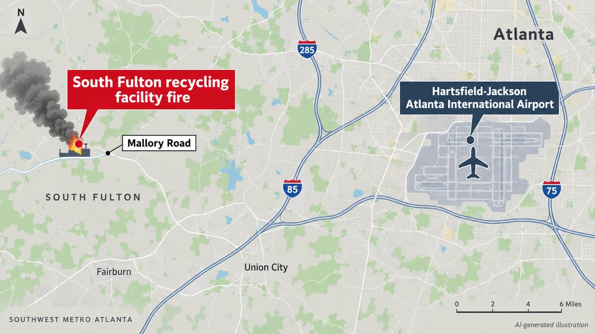AI-generated illustration locating the Mallory Road fire relative to Hartsfield-Jackson Atlanta International Airport.