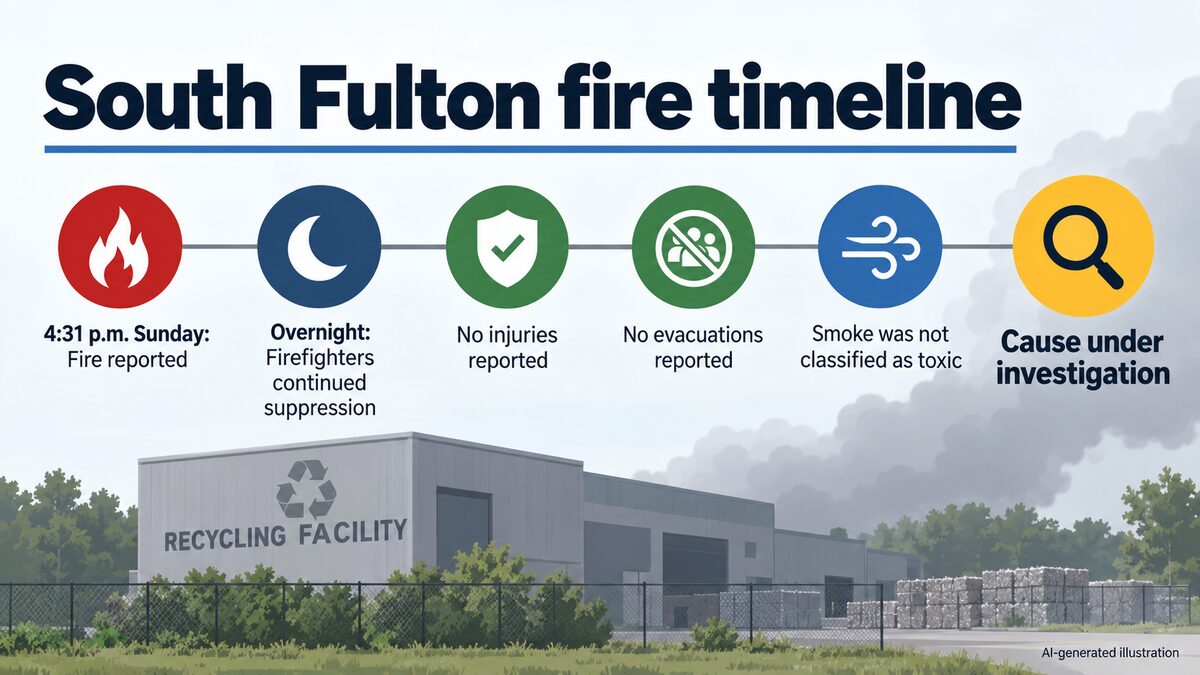 AI-generated illustration showing the timeline and confirmed facts of the South Fulton recycling-facility fire.
