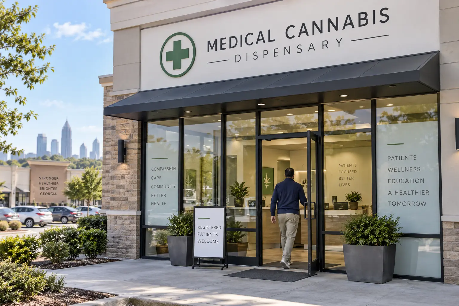 AI-generated illustration of a regulated medical cannabis dispensary in a Metro Atlanta retail center.