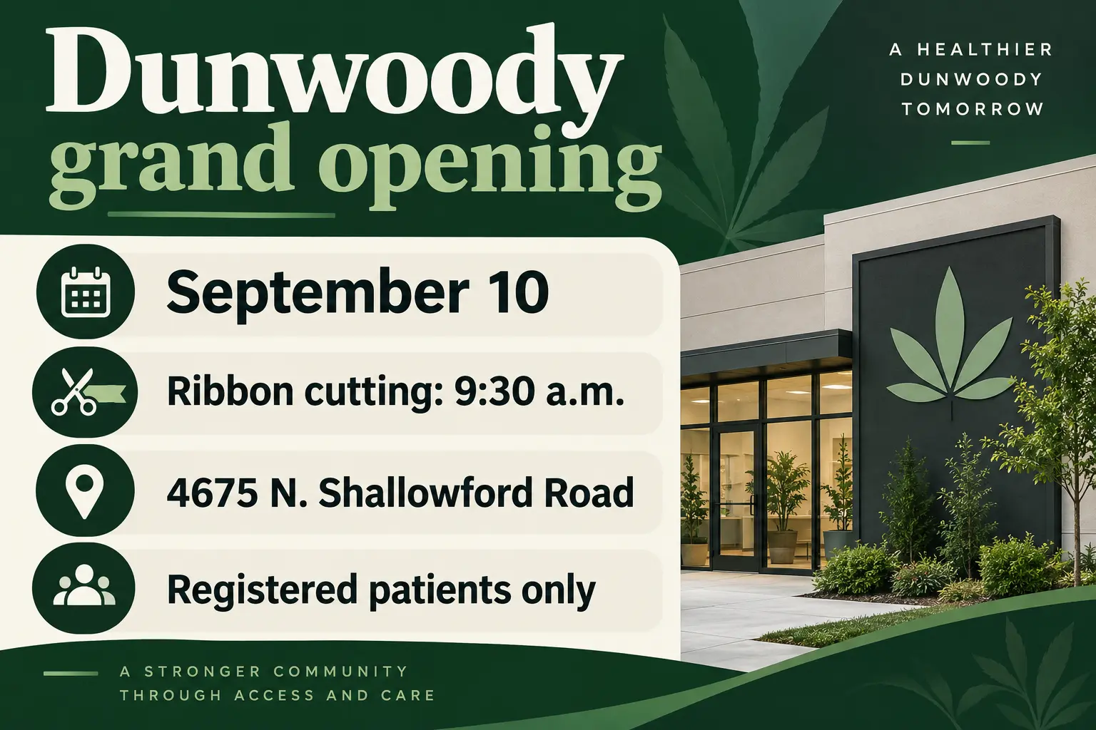 AI-generated illustration listing the September 10 grand opening, 9:30 a.m. ribbon cutting and 4675 North Shallowford Road address.