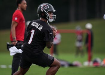 Atlanta Falcons quarterback Tua Tagovailoa during practice in Flowery Branch on September 7, 2026.
