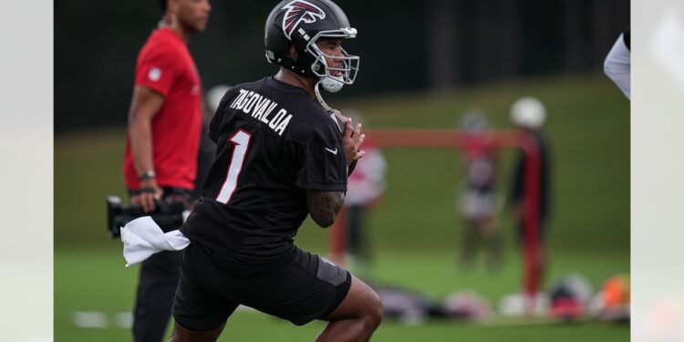Atlanta Falcons quarterback Tua Tagovailoa during practice in Flowery Branch on September 7, 2026.