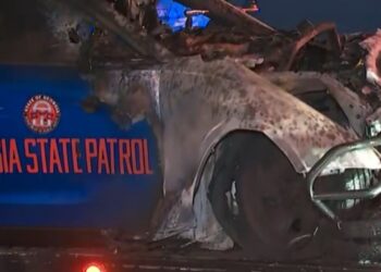 Damaged Georgia State Patrol cruiser at the Tucker crash scene on September 7, 2026.