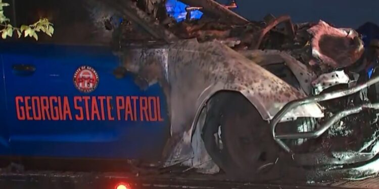 Damaged Georgia State Patrol cruiser at the Tucker crash scene on September 7, 2026.