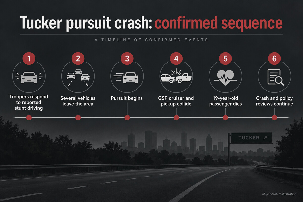 AI-generated illustration showing the reported stunt-driving response, pursuit, collision, fatality and ongoing reviews.