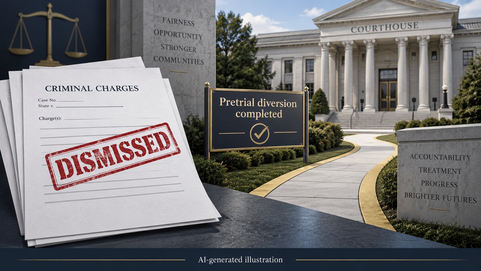 AI-generated illustration of court documents marked dismissed after completion of a pretrial diversion program.