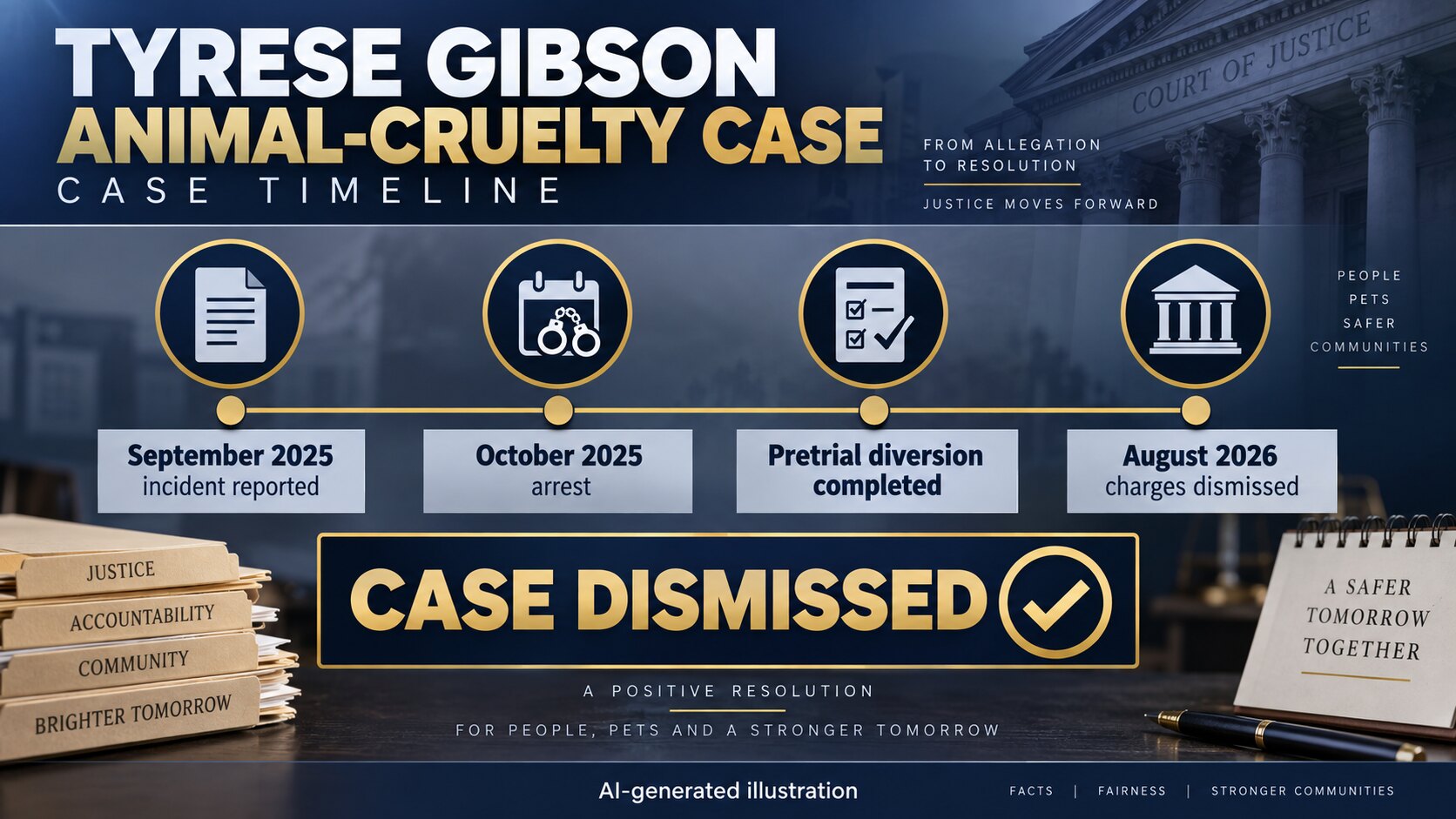 AI-generated illustration showing the September 2025 incident, October 2025 arrest, diversion program and August 2026 dismissal of charges.