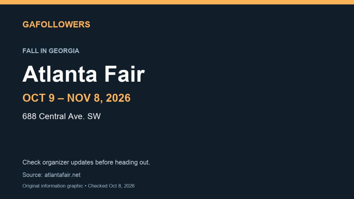 Atlanta Fair, October 9 through November 8, 2026, at 688 Central Avenue Southwest. Check organizer updates.