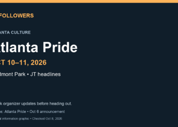Atlanta Pride scheduled October 10 and 11, 2026, at Piedmont Park, with JT announced as headliner. Check organizer updates.