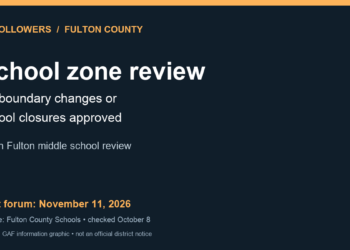 GAFollowers information card: Fulton County school zone review. No boundary changes or school closures approved. Next middle-school forum November 11, 2026.