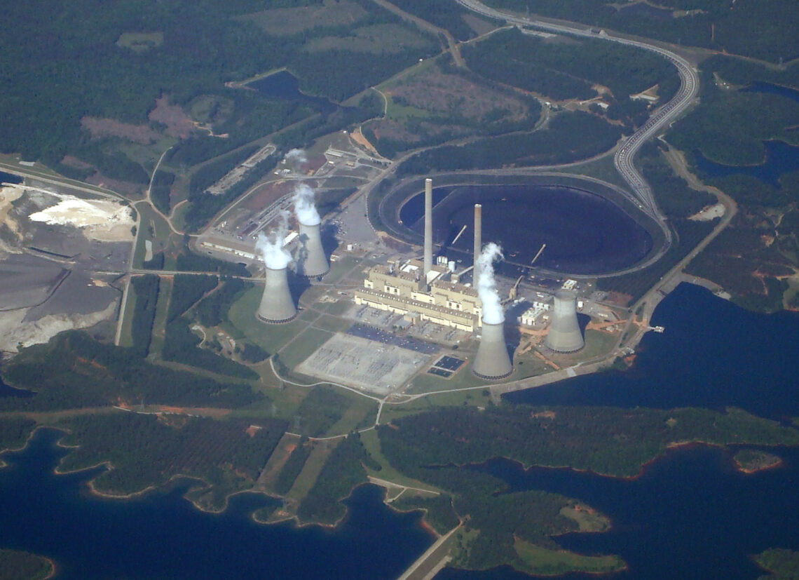 Aerial view of Plant Scherer’s cooling towers and surrounding grounds.