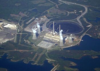 Aerial view of Plant Scherer’s cooling towers and surrounding grounds.