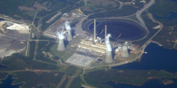 Aerial view of Plant Scherer’s cooling towers and surrounding grounds.